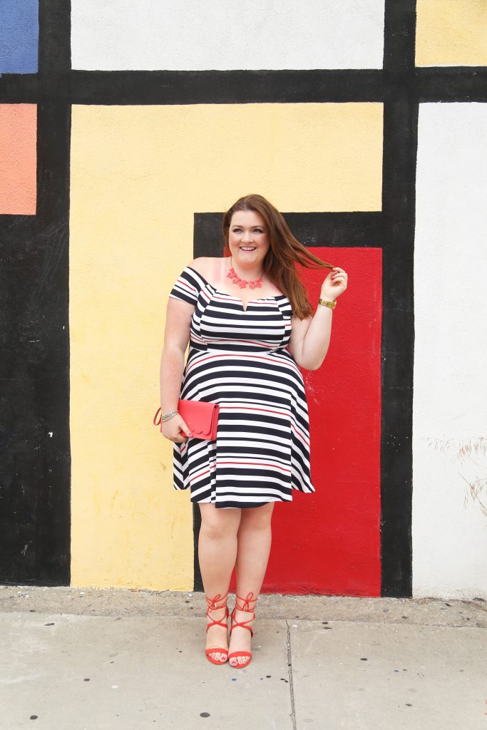 Lovely in LA top plus size blogger los angeles debshops off the shoulder stripes kate spade just fab dress