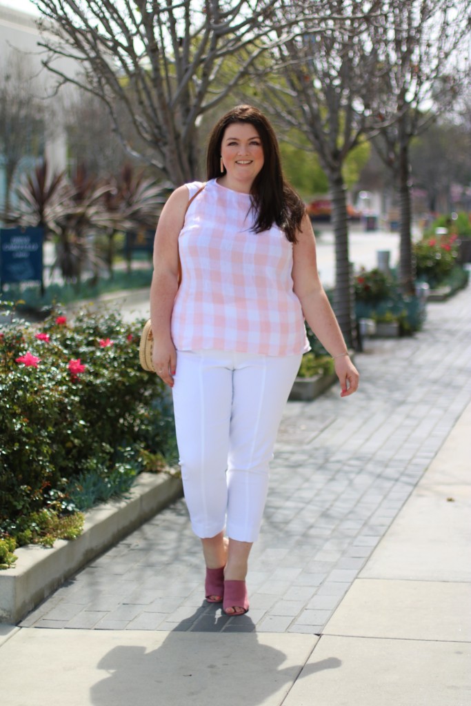 jjill light pink gingham top cropped white pants spring style